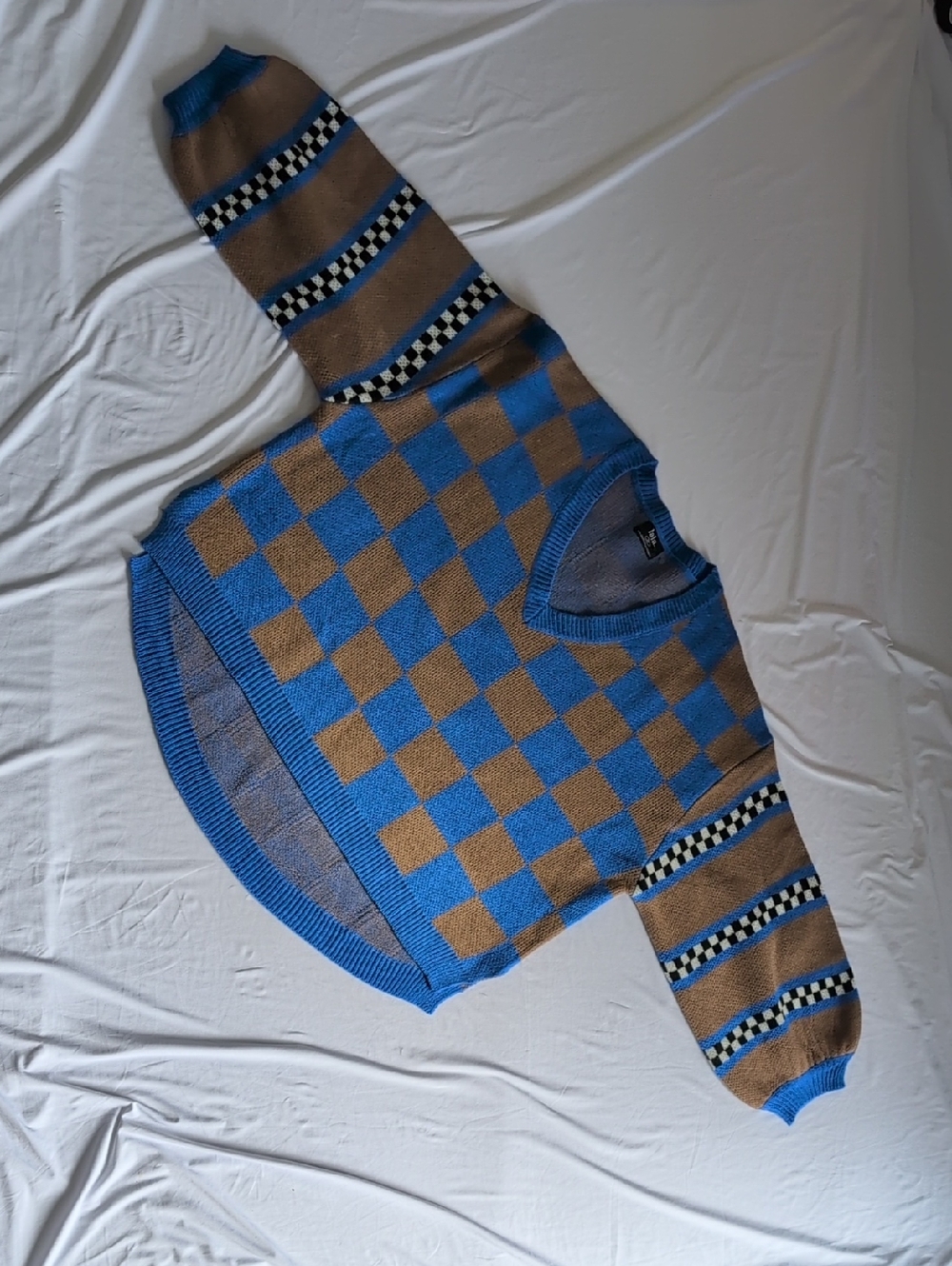 Blue and Brown Checker Knit V‑Neck Sweater